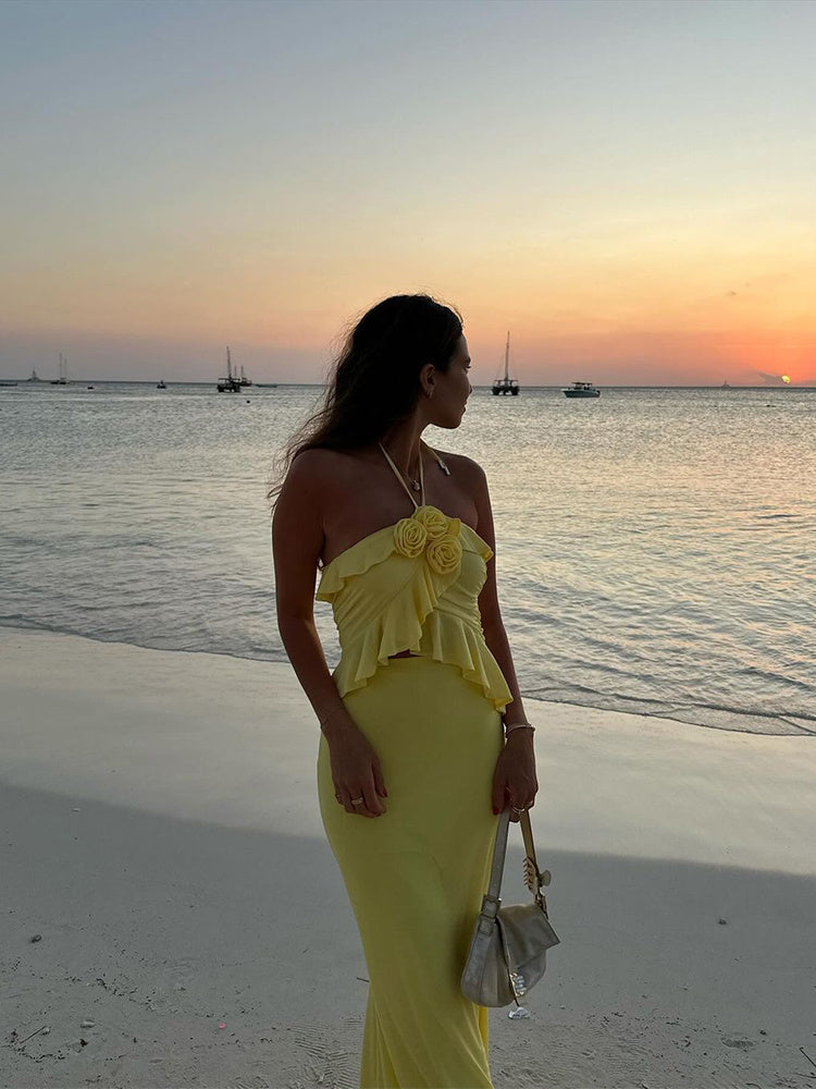 Yellow Rose Flower Embroidered Ruffled Halter Neck Spaghetti Strap High Waist Maxi Dress