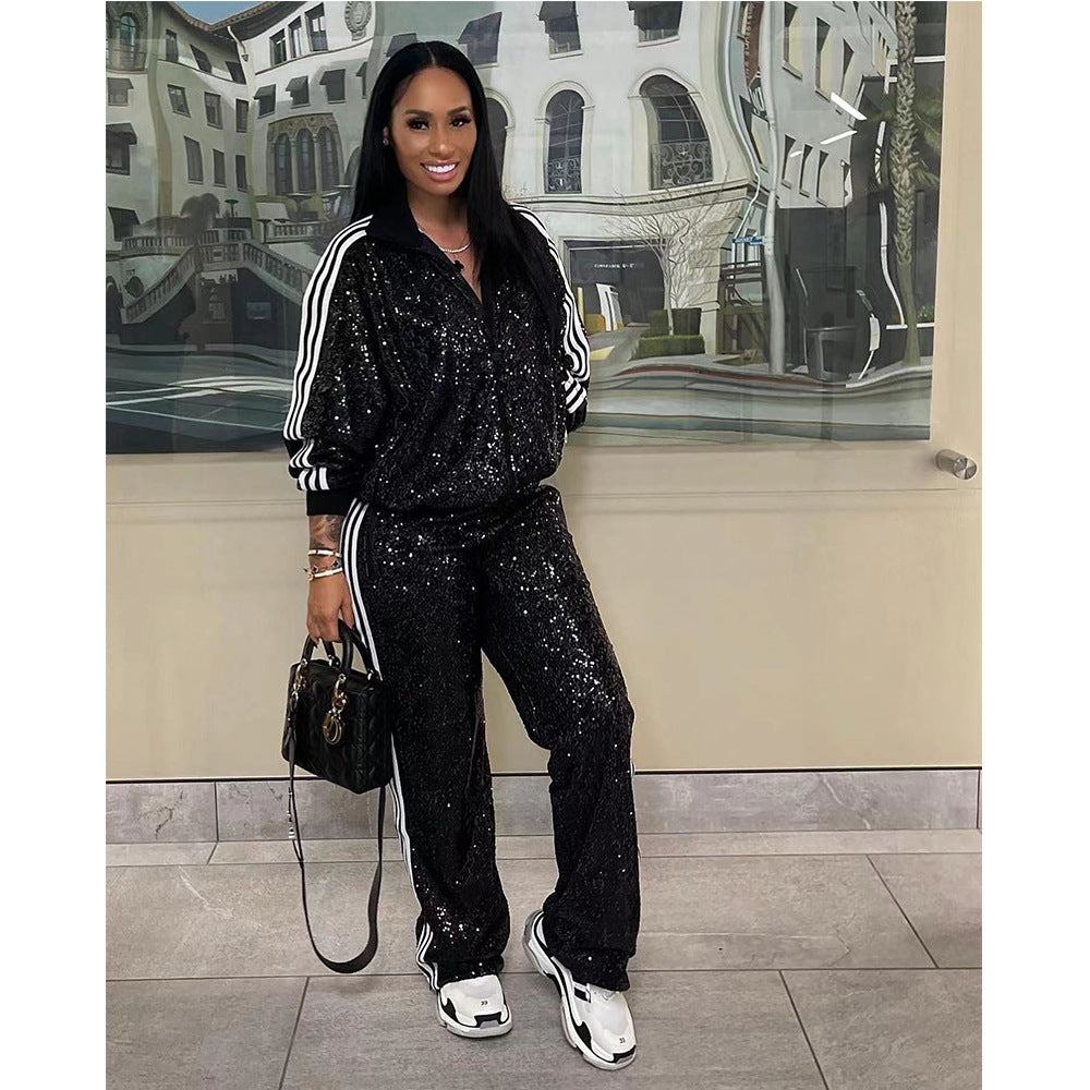 Side Striped Sparkling Glitter Women's Sports Zipper Jacket + Sweatpants Tracksuit to 3X Plus Size