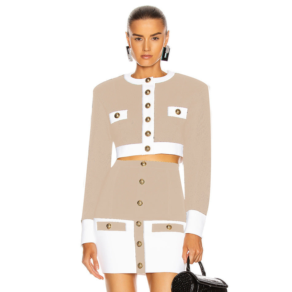 Gold Button Detail Double Pocket Design 2-Tone Colorblock Short Knitted Cardigan Sweater + Mini Skirt Women's 2-Piece Knitted Suit