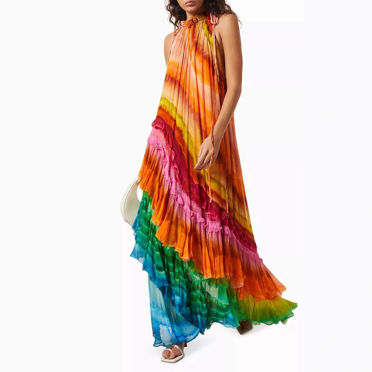 Asymmetrical Striped Colorblock Sleeveless Pleated Maxi Dress
