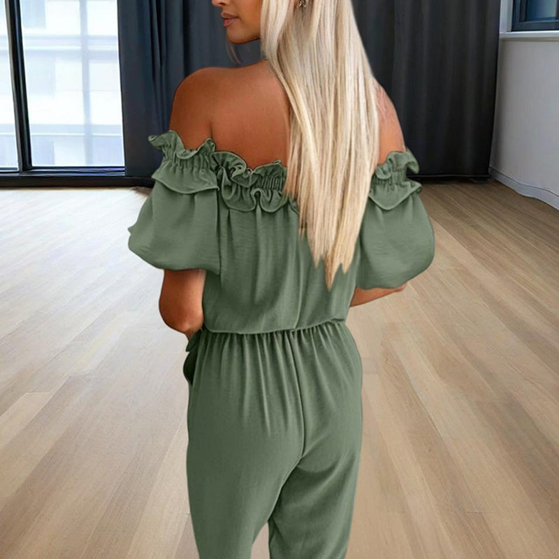 Floral Ruffled Solid Color Women's Off-the-Shoulder Sash Belt Jumpsuit