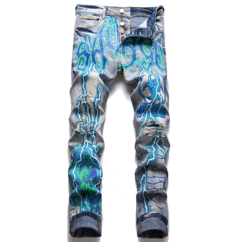 Men's Hip-Hop Denim Faded Airbrush Graffiti Print Ruched Button Fly Skinny Jeans