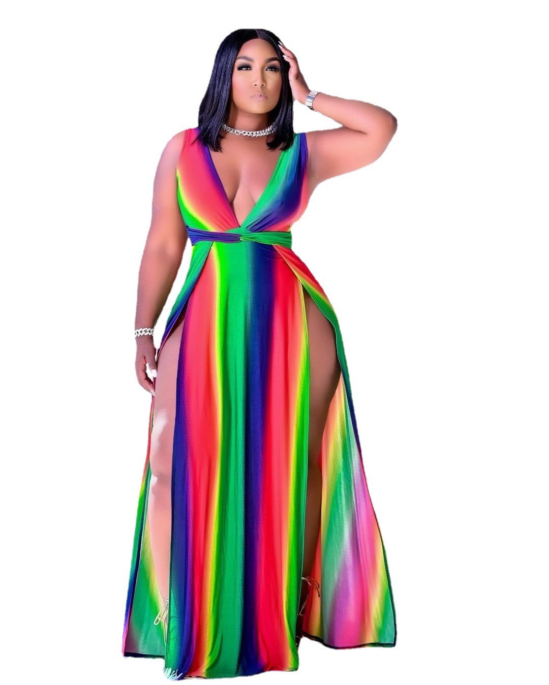 Rainbow Striped Multicolor Big Swing V-Neck Sleeveless Spaghetti Strap Double High Side Slit Maxi Sundress to 5X Plus Size