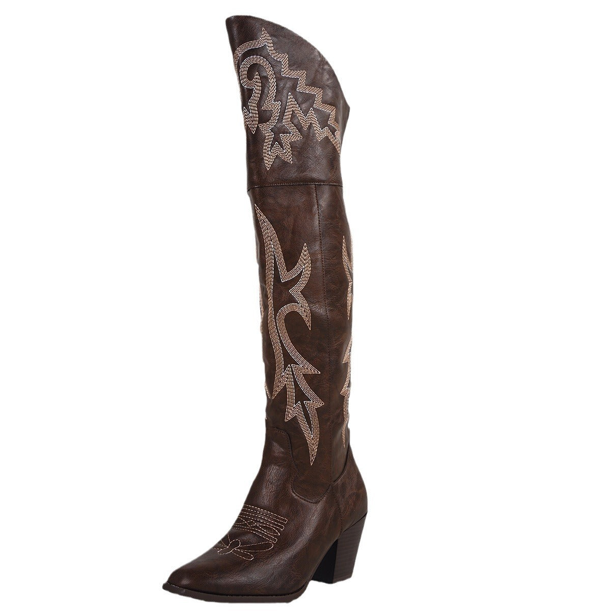 Western PU Leather Embroidered Women's Over-The-Knee Side Zipper Low Square Block Heel Cowgirl Boots