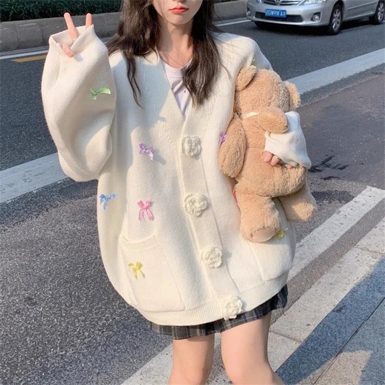 Bowknot Flower Embroidered Oversized Knitted Cardigan Women's Sweater