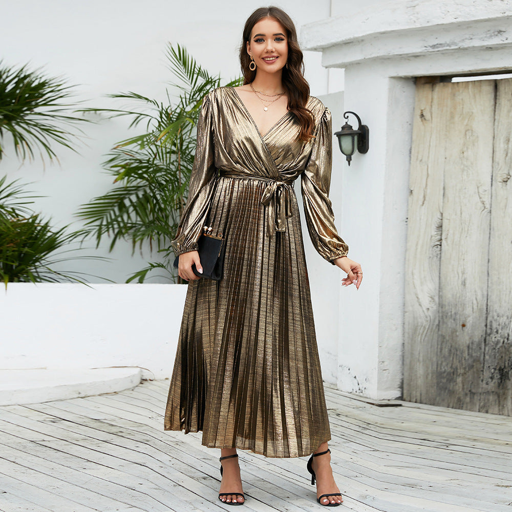 Shiny Pleated V-Neck Long Sleeve Sash Belted Maxi Dress