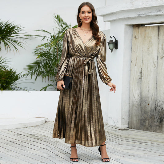 Shiny Pleated V-Neck Long Sleeve Sash Belted Maxi Dress