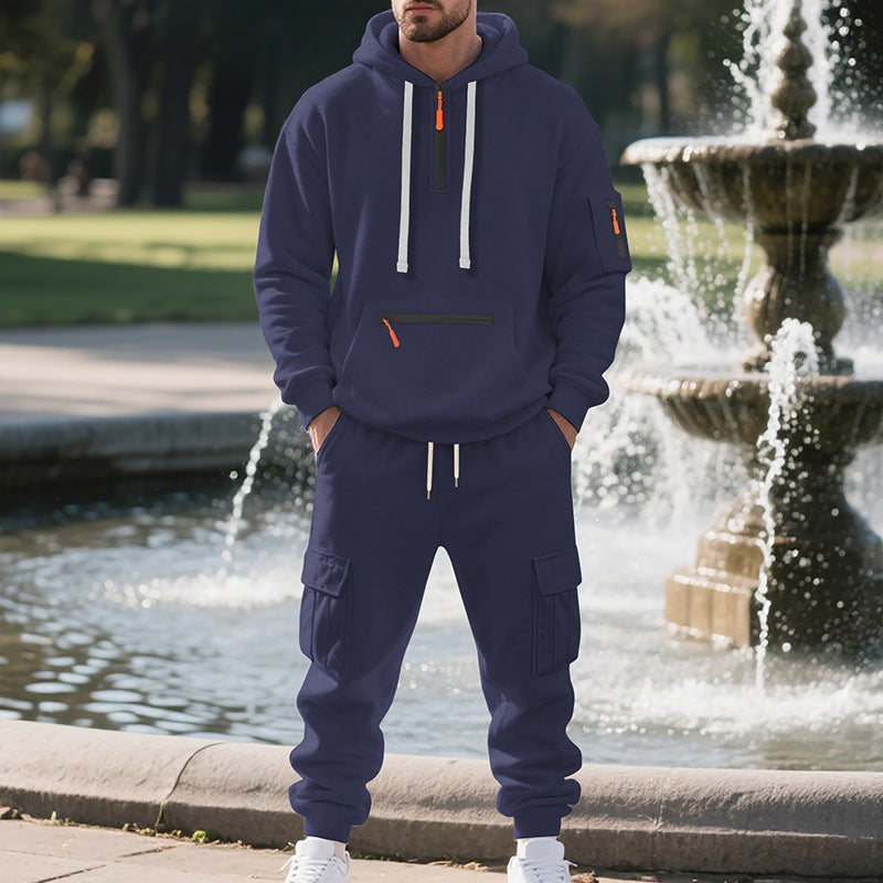 Men's Fleece Lined Zipper Pocket Drawstring Hoodie Sweatshirt + Multi-Pocket Cargo Sweatpants 2-Piece Tracksuit