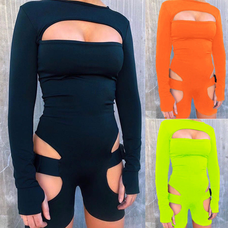 Hollow-Out Adjustable Buckle Long Sleeve Women's Shorts Romper