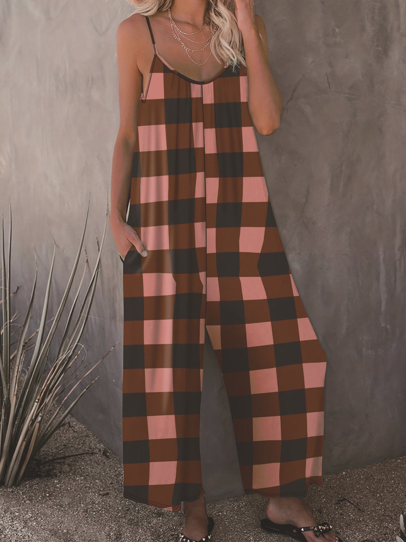 Checker Plaid Colorblock Women's Sling Spaghetti Strap Wide Leg Jumpsuit to 5X Plus Size
