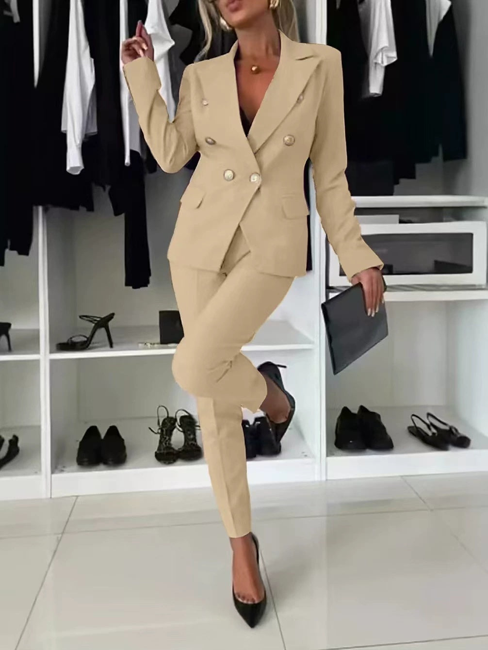 Double Breasted Button-Up Women's Blazer Jacket + Skinny Trouser Pants Women's Office Business Suit