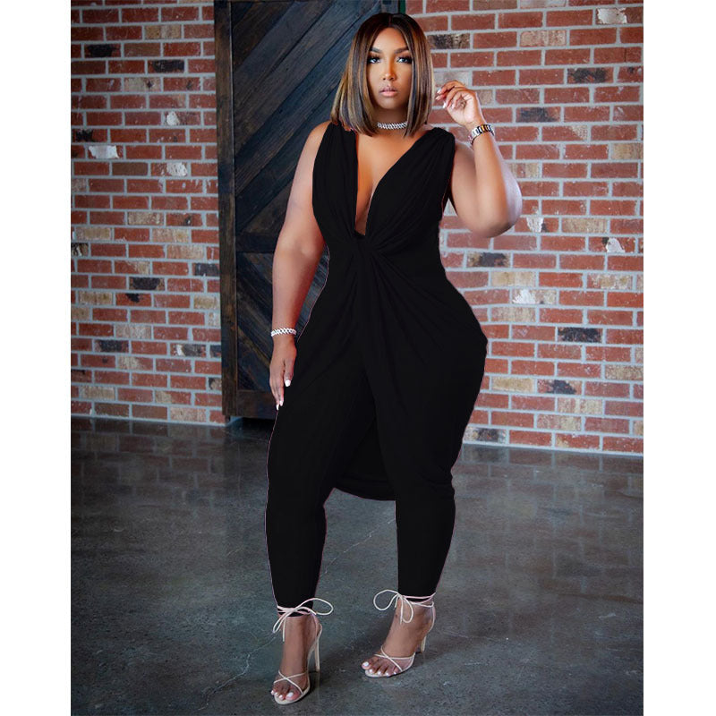 Sleeveless Ruched Milk Silk Deep V-Neck Layered Jumpsuit to 4X Plus Size