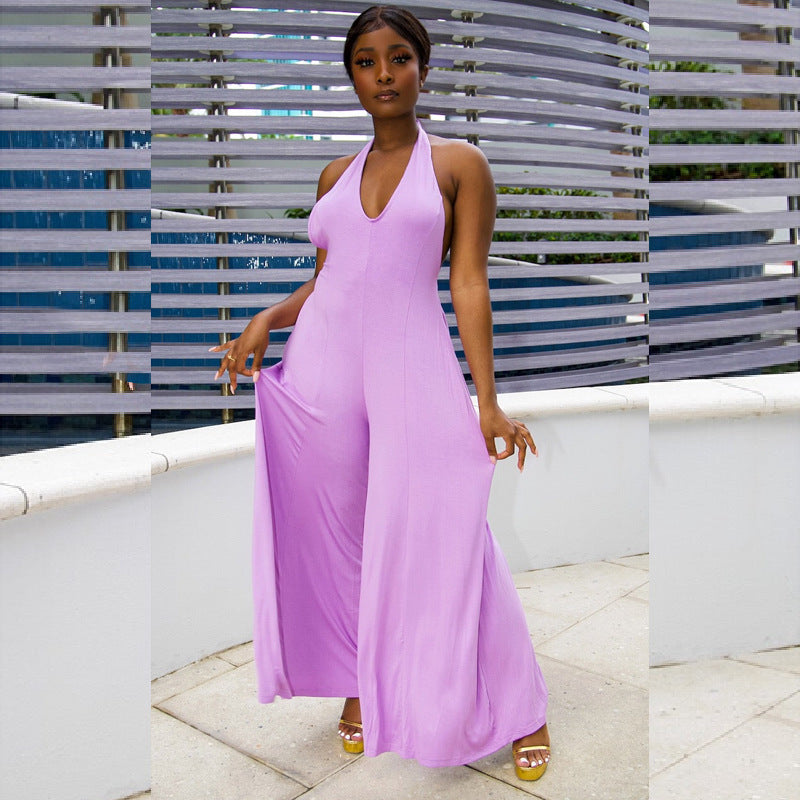 Sleeveless Halter Neck Backless V-Neck Solid Color Women's Wide Leg Jumpsuit to 5X Plus Size