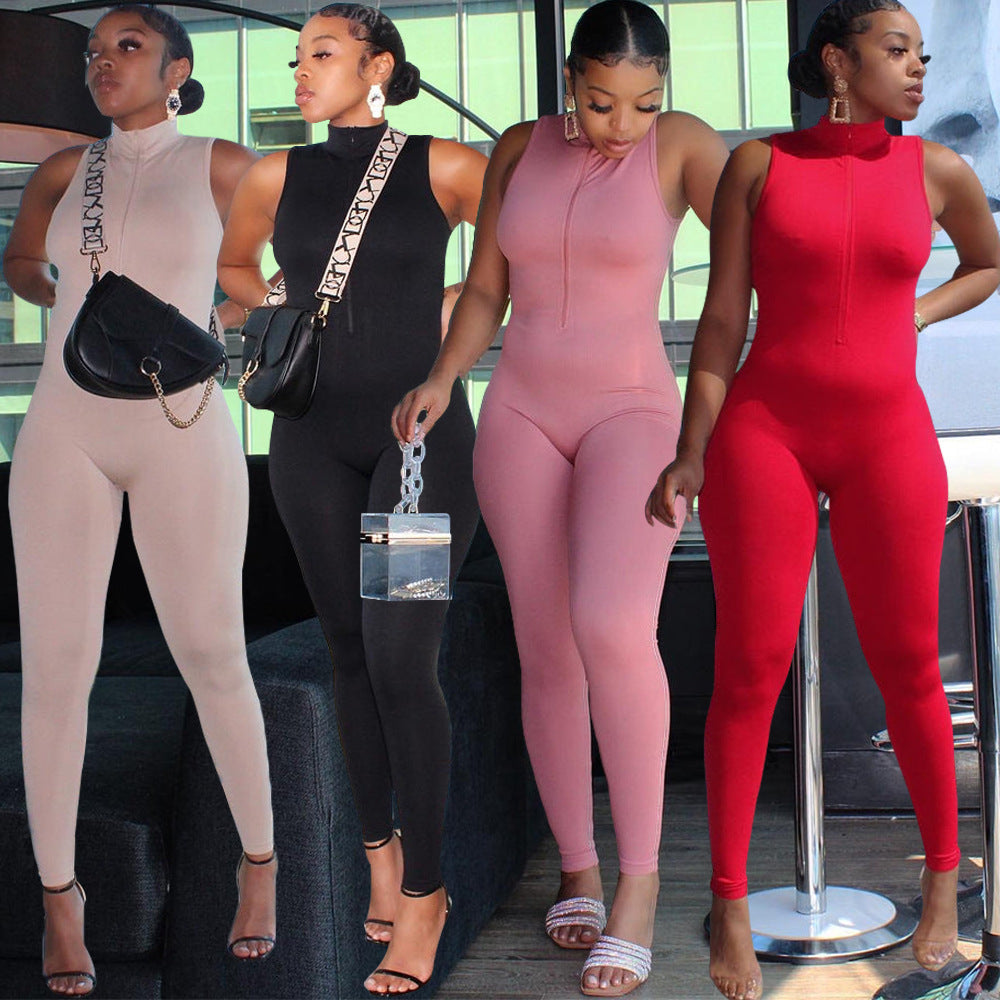 Sleeveless Women's Sports Skin Tight Zipper One-Piece Jumpsuit