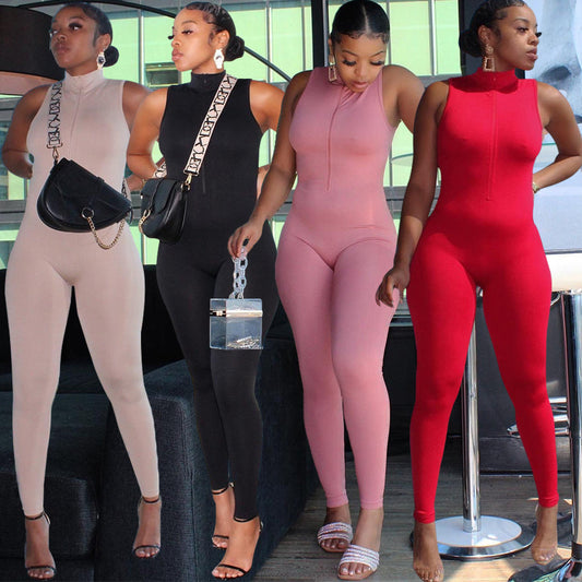 Sleeveless Women's Sports Skin Tight Zipper One-Piece Jumpsuit