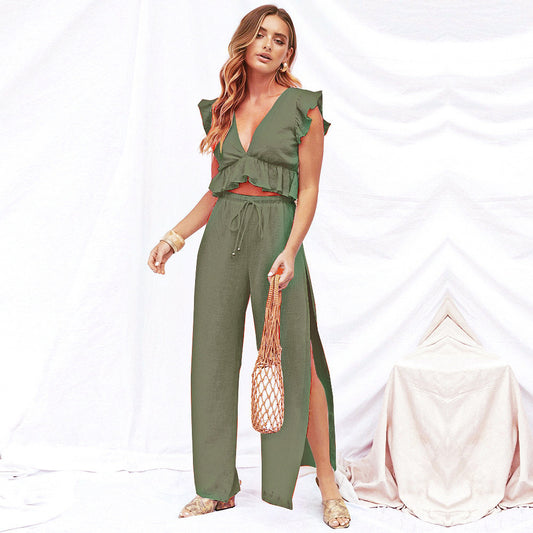 Chiffon Ruffled Floral/Solid Color Print Women's Sleeveless V-Neck Crop Top + High Slit Wide Leg Pants 2-Piece Set