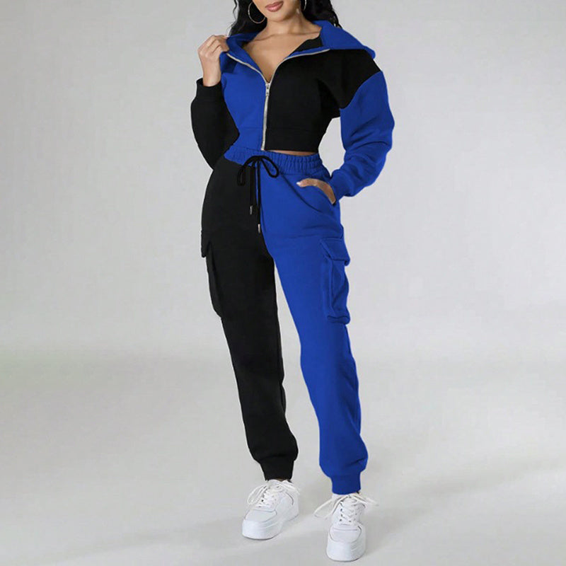 Colorblock Streetwear 2-Tone Cropped Zipper Sports Hoodie Jacket & Drawstring Cargo Pocketed Sweatpants Women's Tracksuit to 3X Plus Size