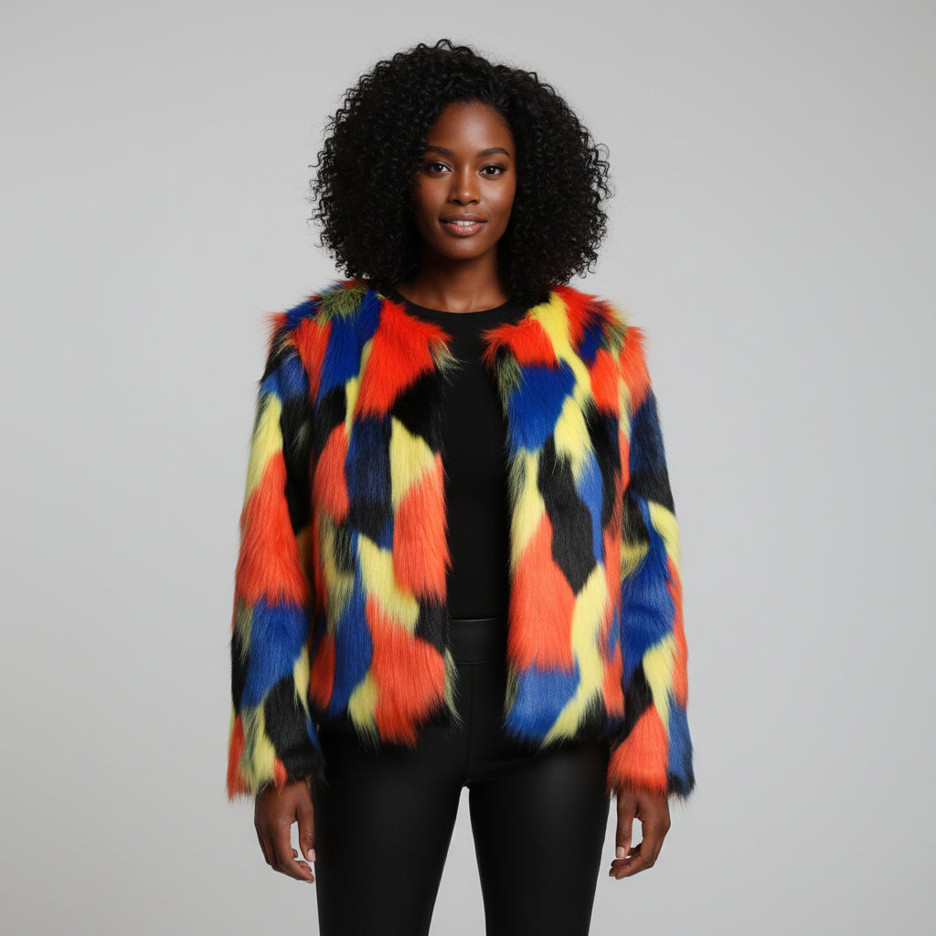 Faux Fox Fur Rainbow Colorblock Women's O-Neck Jacket to 8X Plus Size