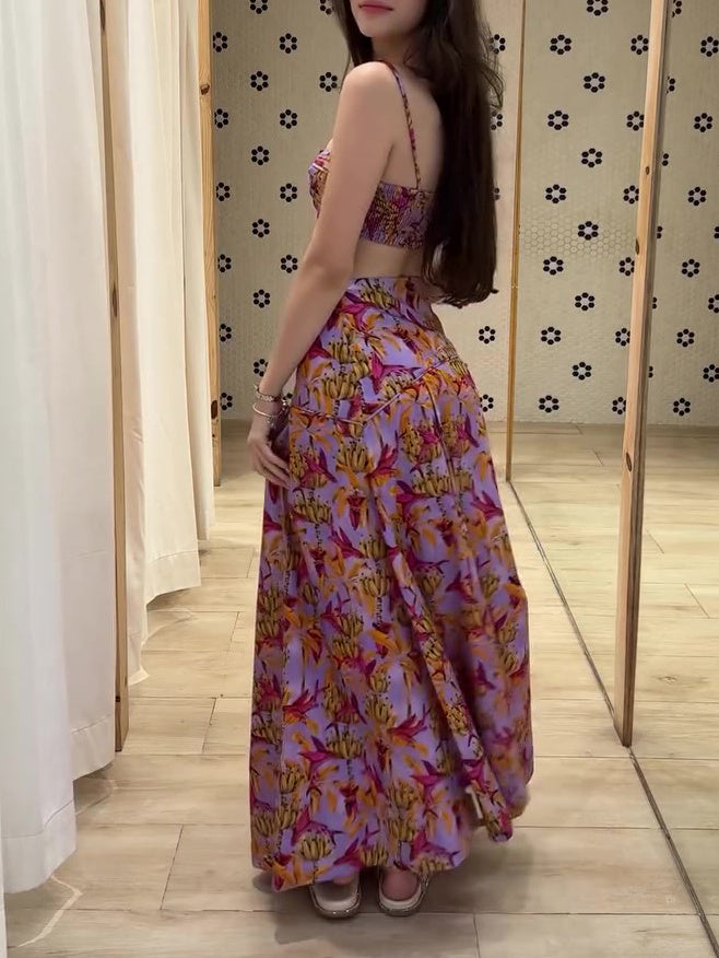 Purple Tropical Floral Crop Tank Top & Tiered Maxi Skirt 2-Piece Set