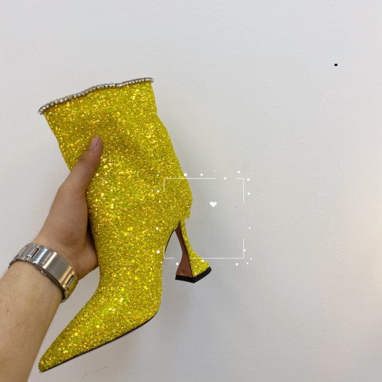 Sparkling Glitter Leather Spiked Heel Pointed Toe Women's Ankle Boots