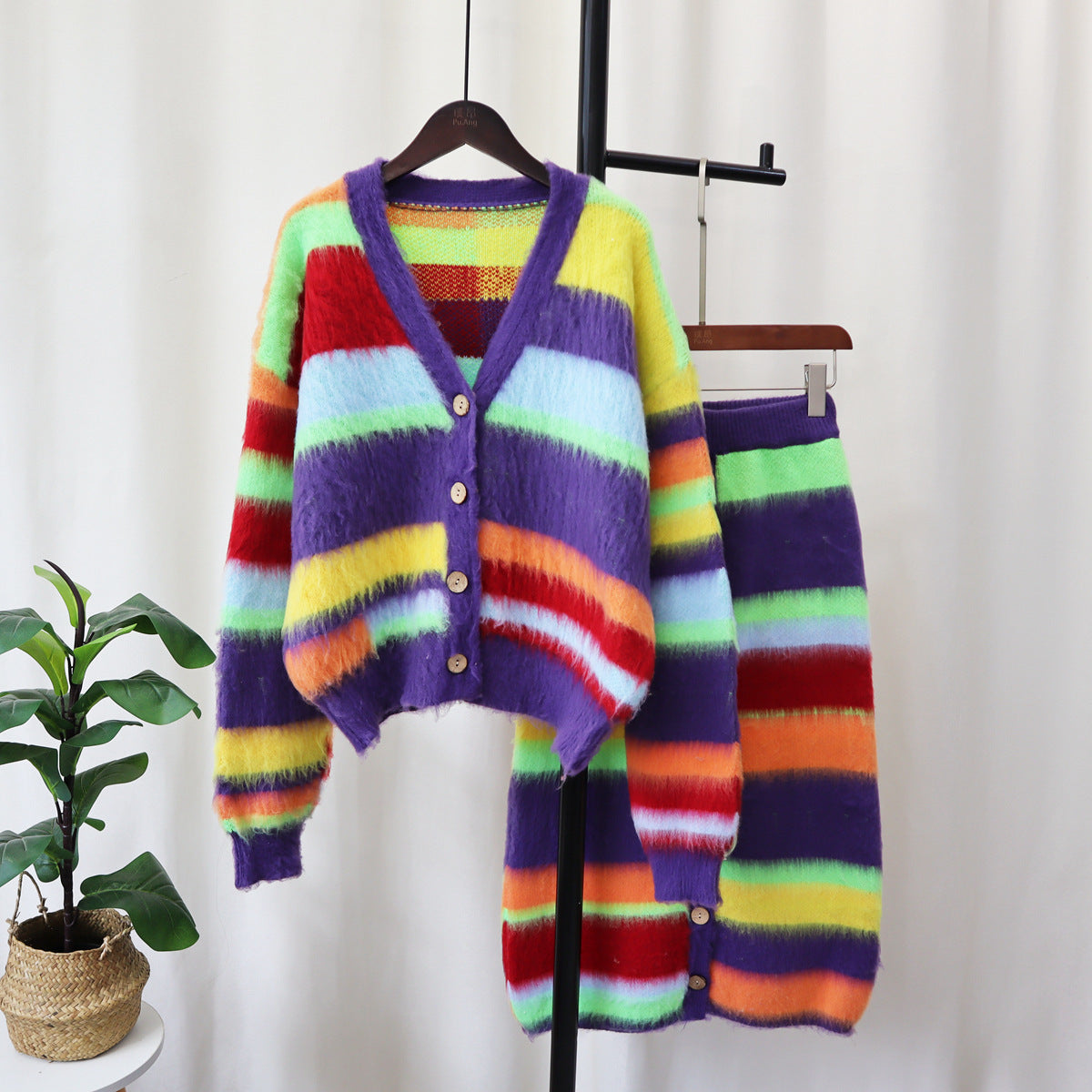 Rainbow Striped Fuzzy Knitted Women's Cardigan Sweater + Button-Up Maxi High Slit Skirt 2-Piece Set