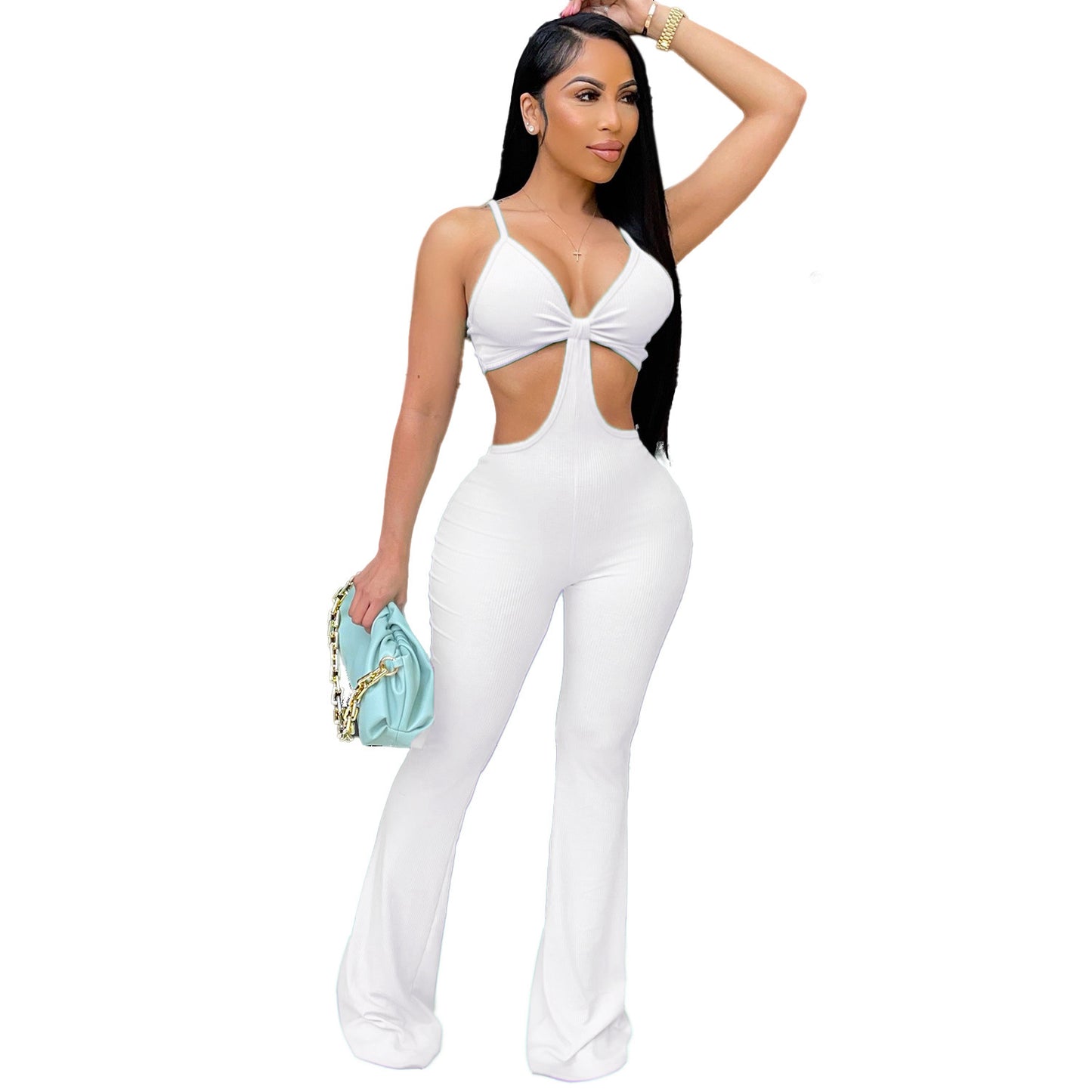 Sleeveless Hollow-Out Mesh Stretch Skinny BellBottom Jumpsuit
