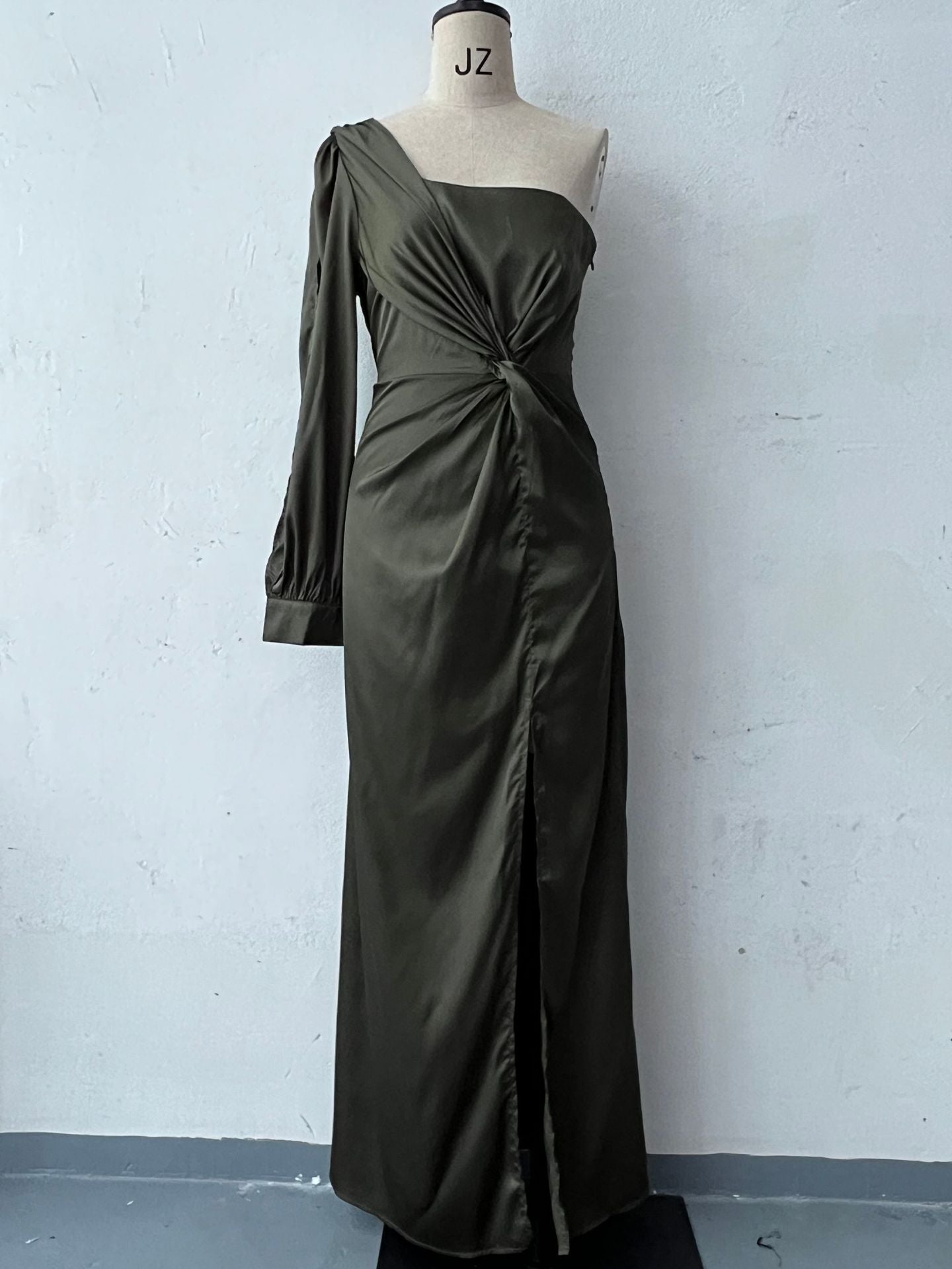 Satin Asymmetrical One Shoulder High Side Slit Long Sleeve Party Evening Formal Maxi Dress to 3X Plus Size-13 Colors