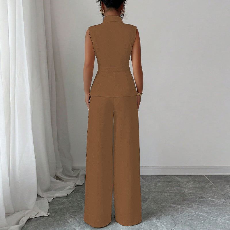 Button Front Women's Solid Color Dress Vest + Straight Leg Trouser Pants Suit