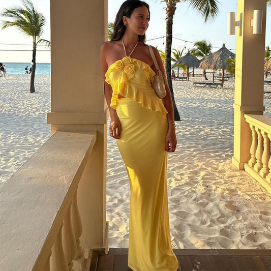 Yellow Rose Flower Embroidered Ruffled Halter Neck Spaghetti Strap High Waist Maxi Dress