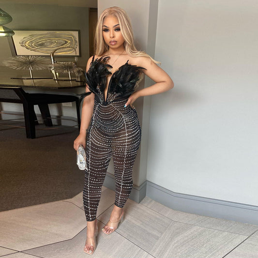 Black Feather Rhinestone Fringe Embellished Deep V-Neck Sleeveless Women's Formal Tube Top Jumpsuit to 3X Plus Size