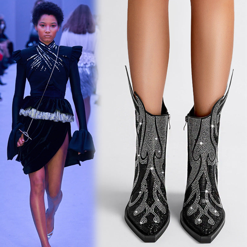 Flame Rhinestone Design Women's Low Square Toe Chunky Heel Martin Ankle Boots