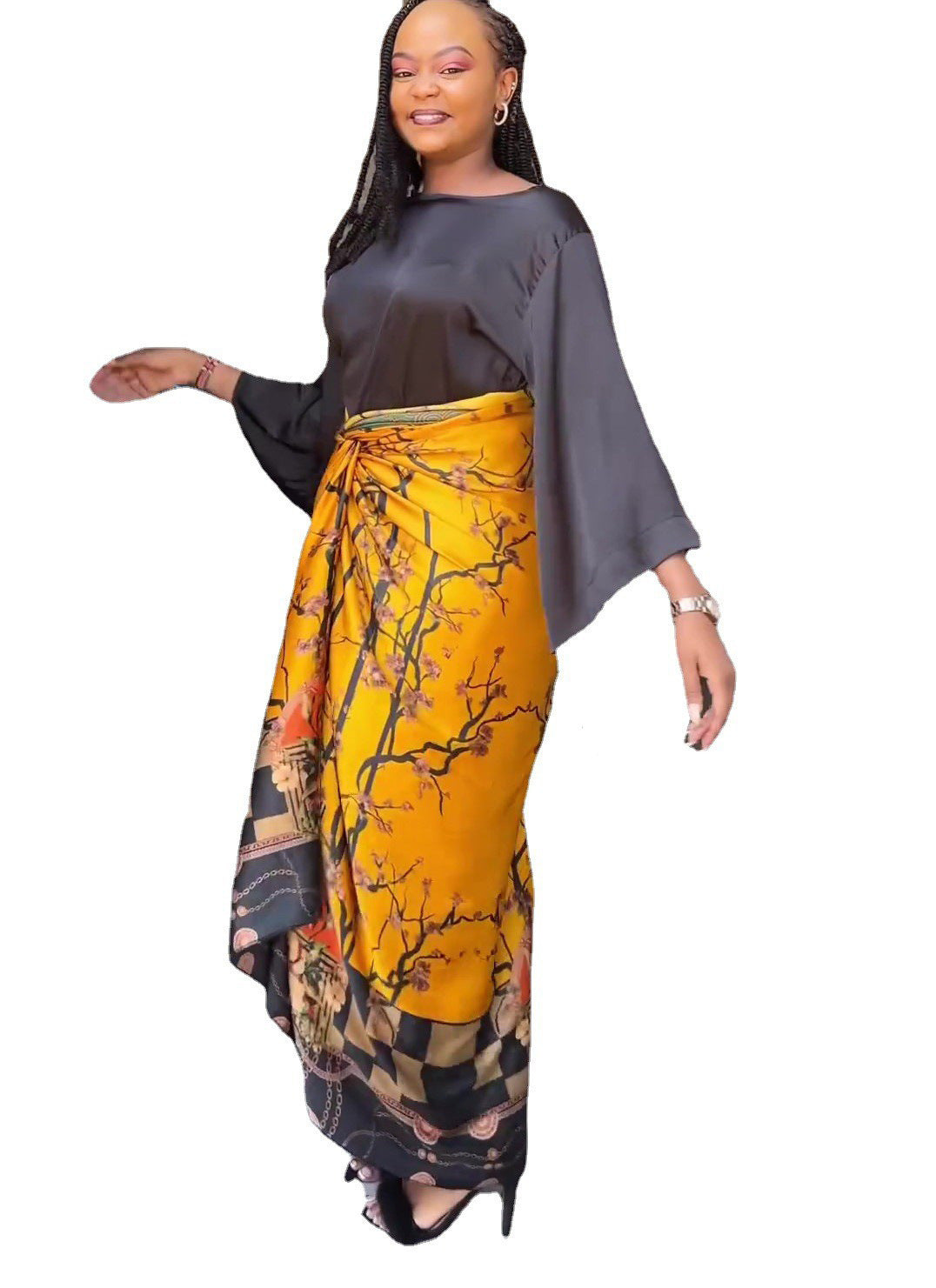 Satin 2-Tone Ruched Colorblock Floral Print Long Sleeve Maxi Dress to 3X Plus Size