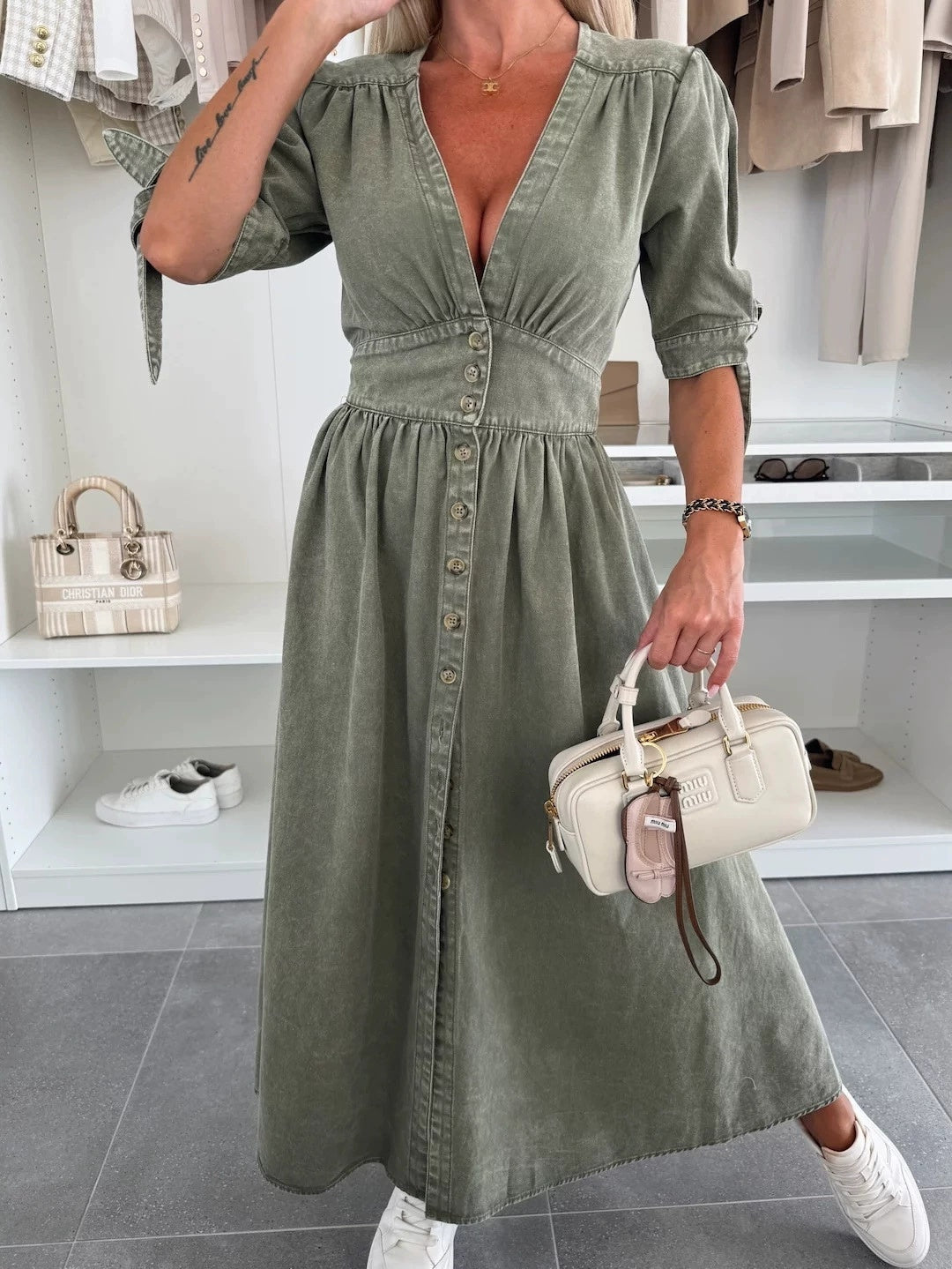 Denim Bohemian Ruched Deep V-Neck Long Sleeve High Slit Maxi Jean Dress
