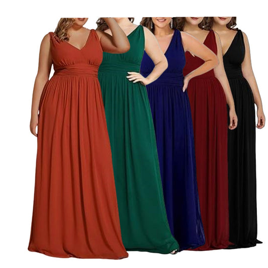 Pleated Sleeveless V-Neck Solid Color Evening Party/Bridal Dress to 3X Plus Size