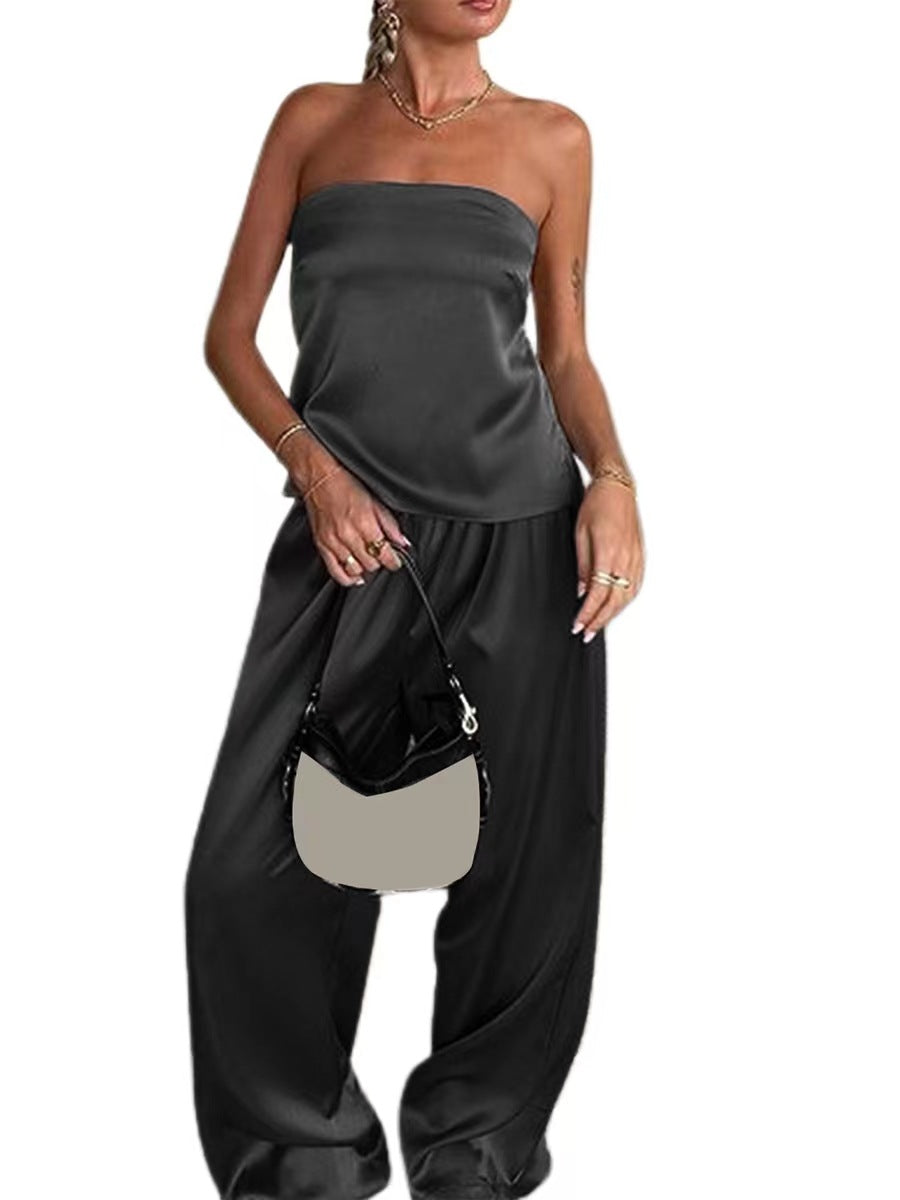Satin Strapless Solid Color Tube Top + Pants Women's 2-Piece Set