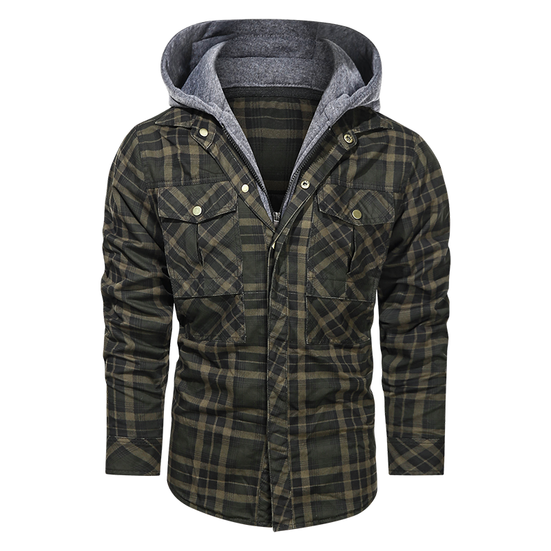 Layered Plaid Men's Fleece Detachable Slim Fit Hoodie Jacket