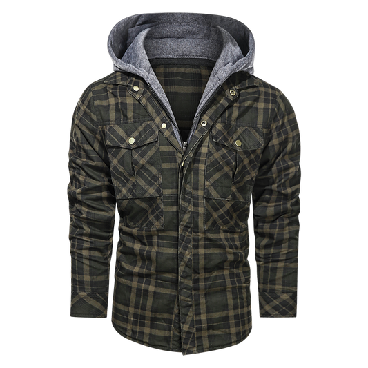 Layered Plaid Men's Fleece Detachable Slim Fit Hoodie Jacket