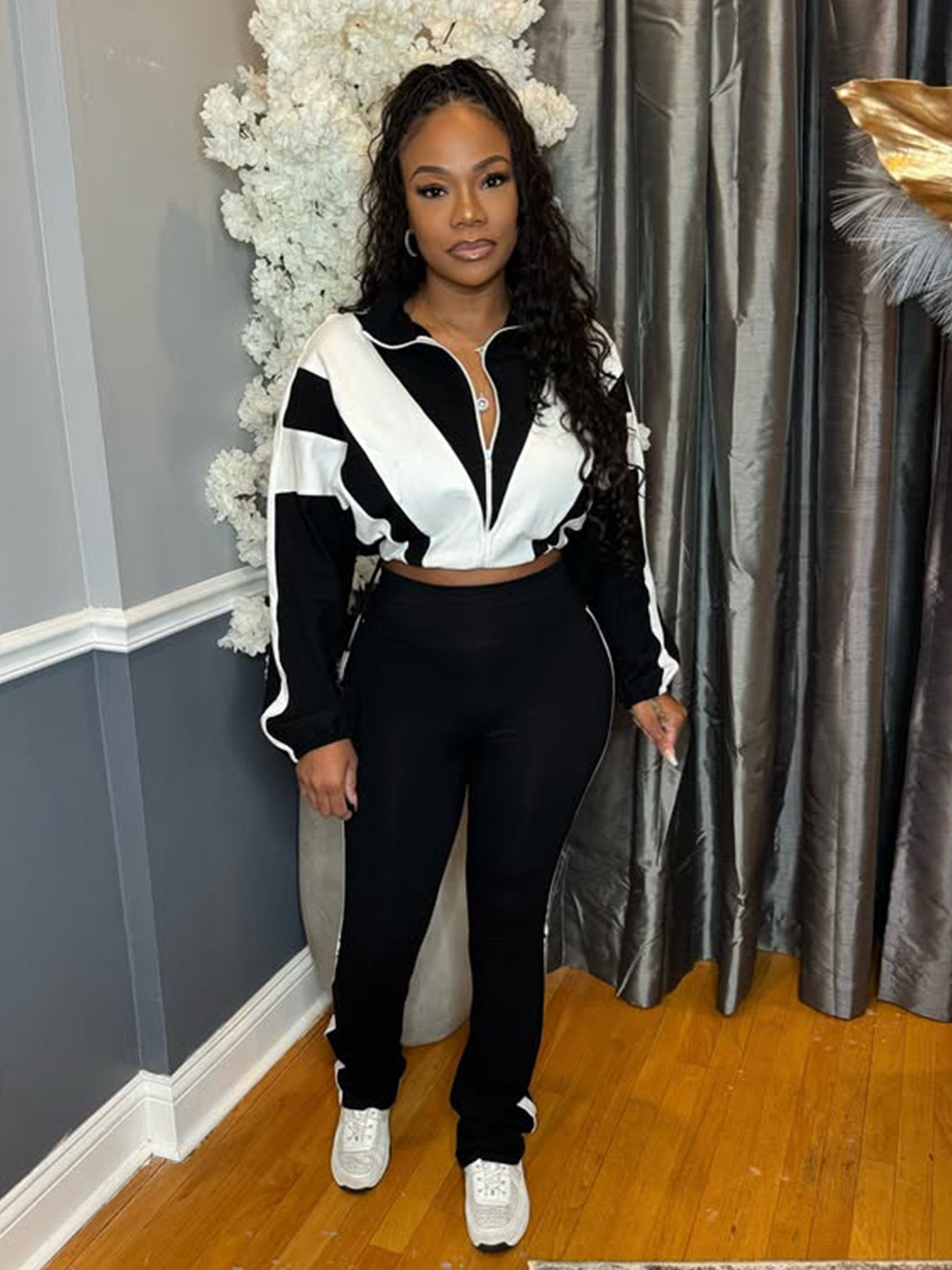 Colorblock Striped Women's Fitness Zipper Jacket+ Solid Sweatpants Tracksuit