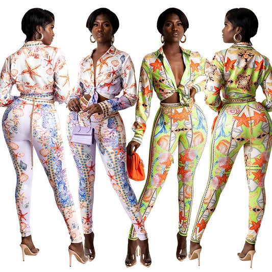 Tropical Starfish Baroque Chain Print Turn-Down Collar Long Sleeve Lace-Up Blouse+ Skin Tight Leggings Women's 2-Piece Set
