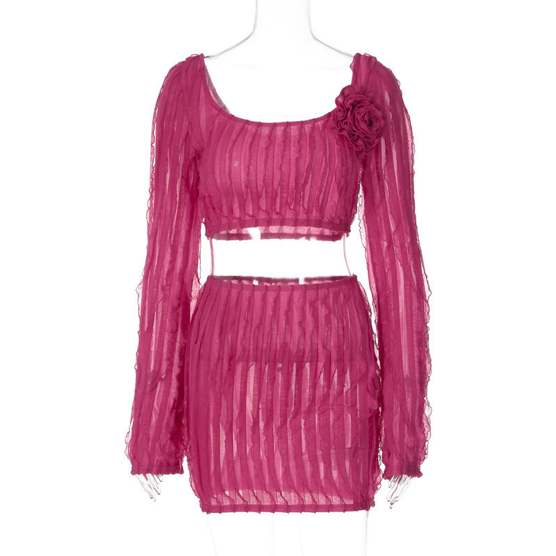 Hot Pink Flower Decor Women's Crop Top + Mini Skirt Solid Color  2-Piece Set