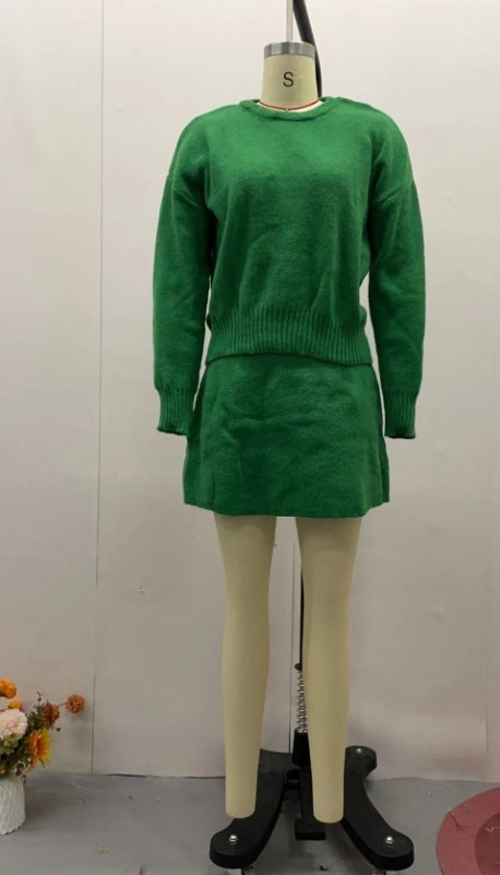 Knitted Long Sleeve Pullover Solid Color Sweater + High Waist Mini Skirt Women's 2-Piece Set to 3X Plus Size