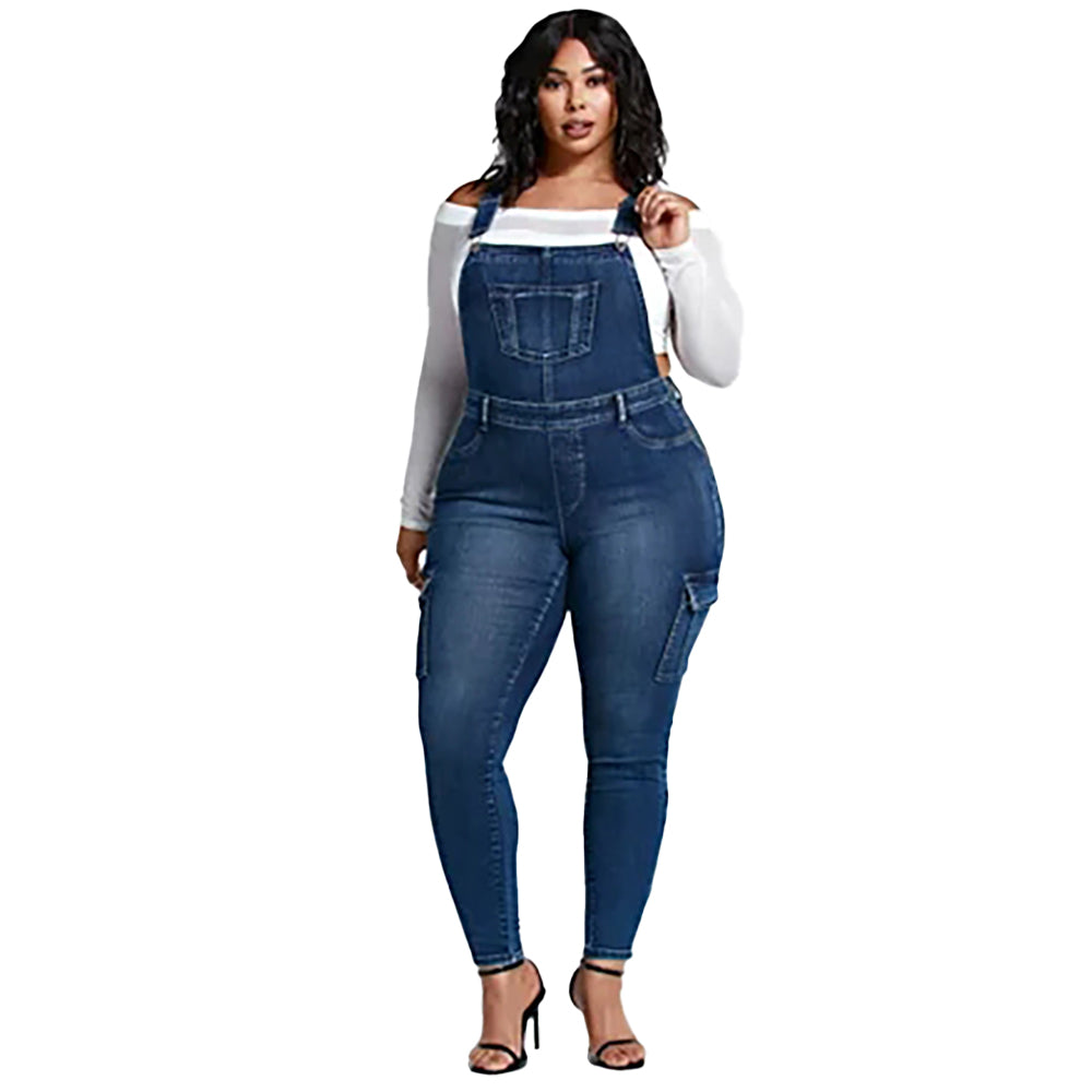 Denim Dark Blue Cargo Pocketed Women's Overall Jeans Jumpsuit to 5X Plus Size