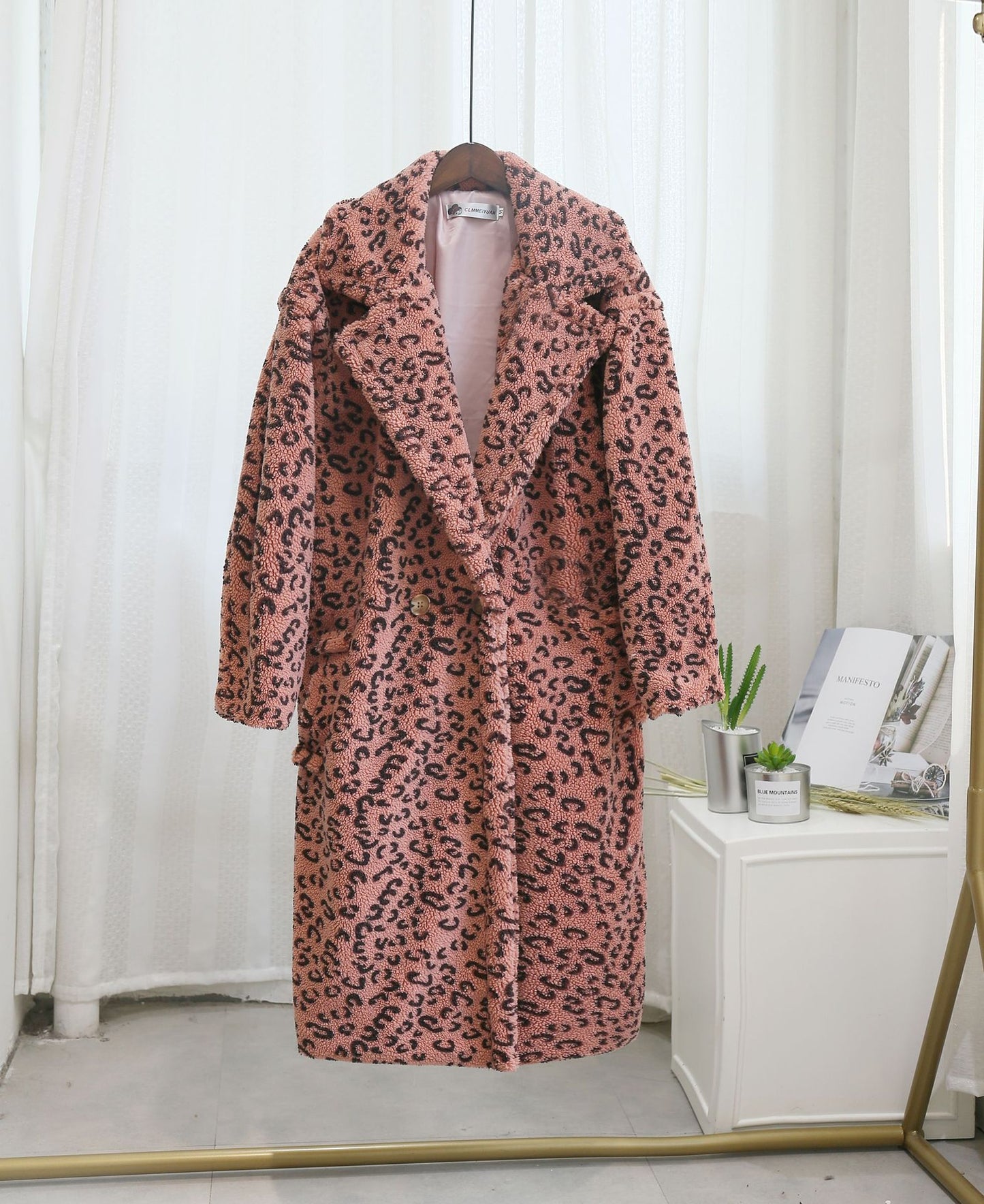 Oversized Leopard Print Plush Faux Sheared Fur Women's Turn-Down Collar Trenchcoat