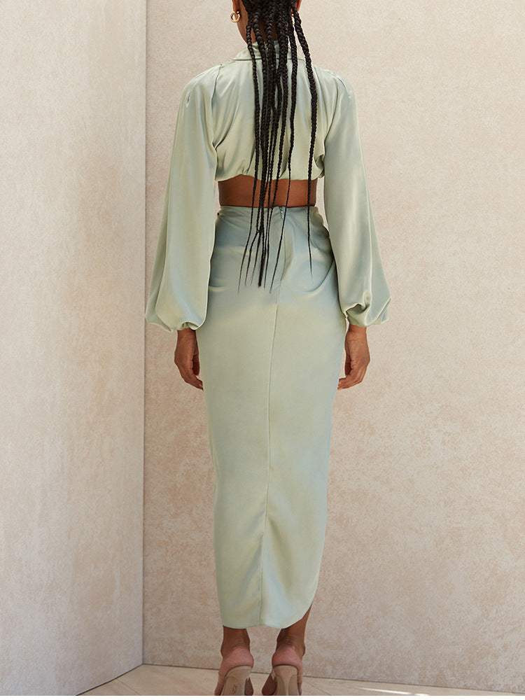 Satin Deep V-Neck Women's Long Sleeve Crop Top + Wrapped High Slit Skirt 2-Piece Set