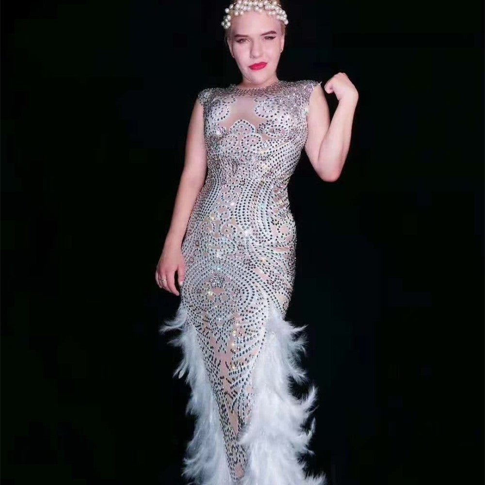 Silver Metallic Sparkling Sequined Feather Detail O-Neck Sleeveless Paneled Skinny Stretch Formal Maxi Dress