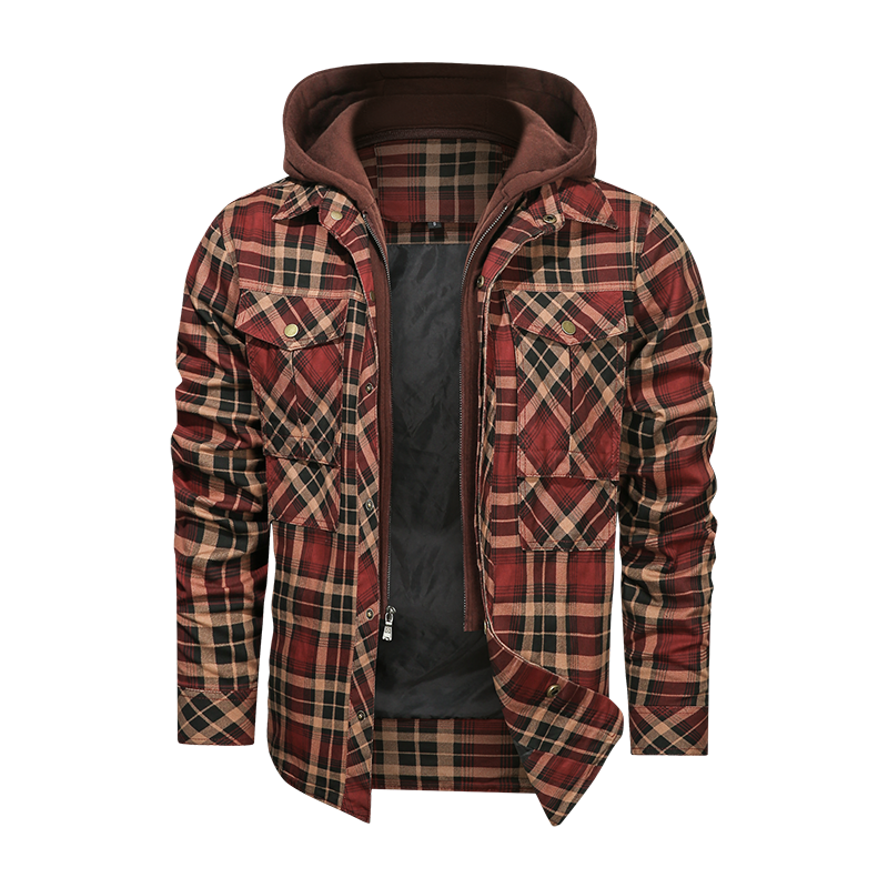 Layered Plaid Men's Fleece Detachable Slim Fit Hoodie Jacket