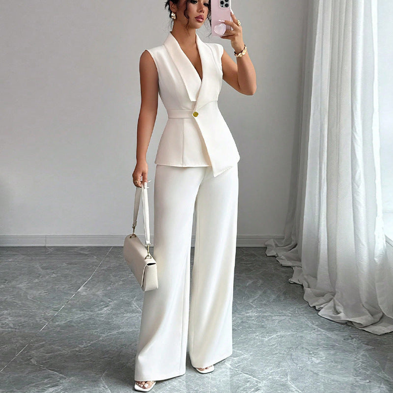 Button Front Women's Solid Color Dress Vest + Straight Leg Trouser Pants Suit