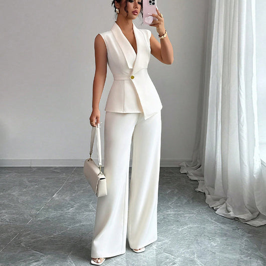 Button Front Women's Solid Color Dress Vest + Straight Leg Trouser Pants Suit
