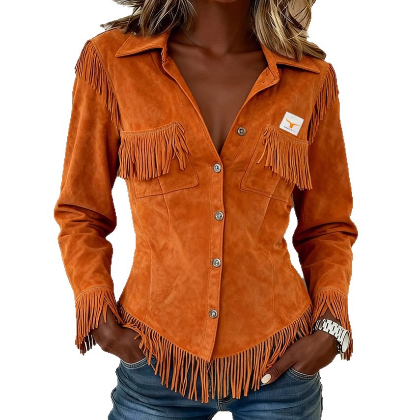 Orange Western Suede Velvet Tassel Fringe Design Long Sleeve Women's Rodeo Shirt