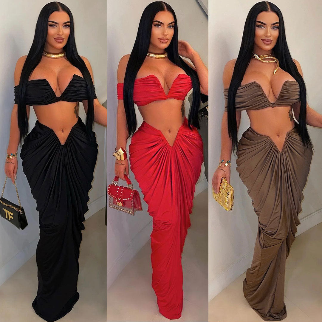 Sleeveless Off-the-Shoulder Crop Tube Top + Ruched Pleated Maxi Skirt 2-Piece Set